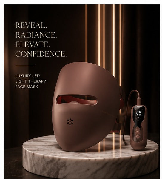 Luxera LED red light mask with controller on a marble stand