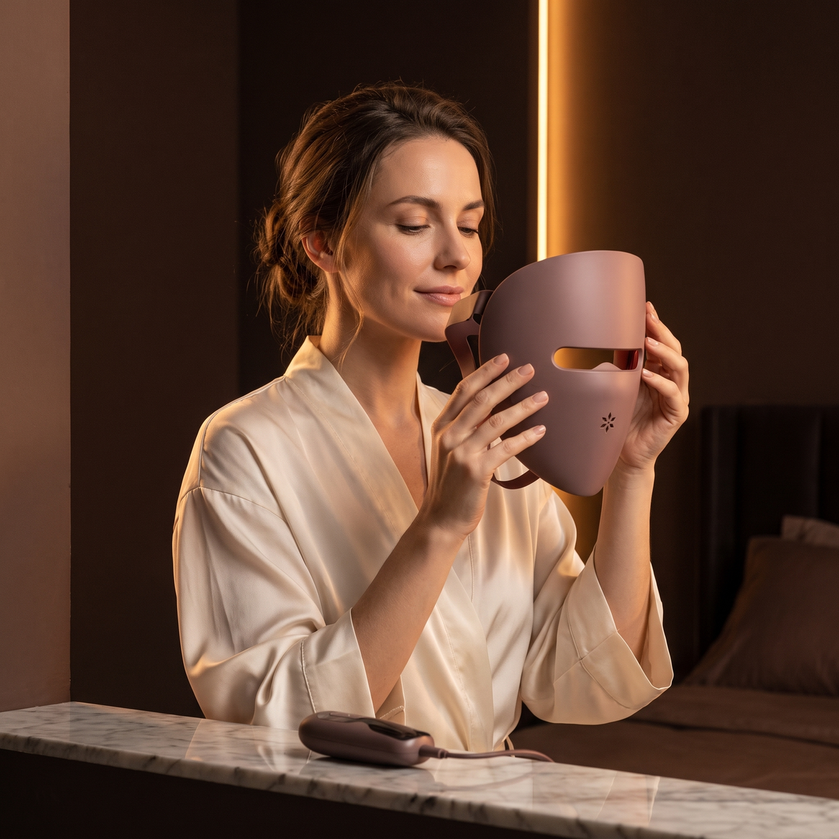 Woman in a silk robe lifting the Luxéra LED mask towards her face in a dim evening bedroom