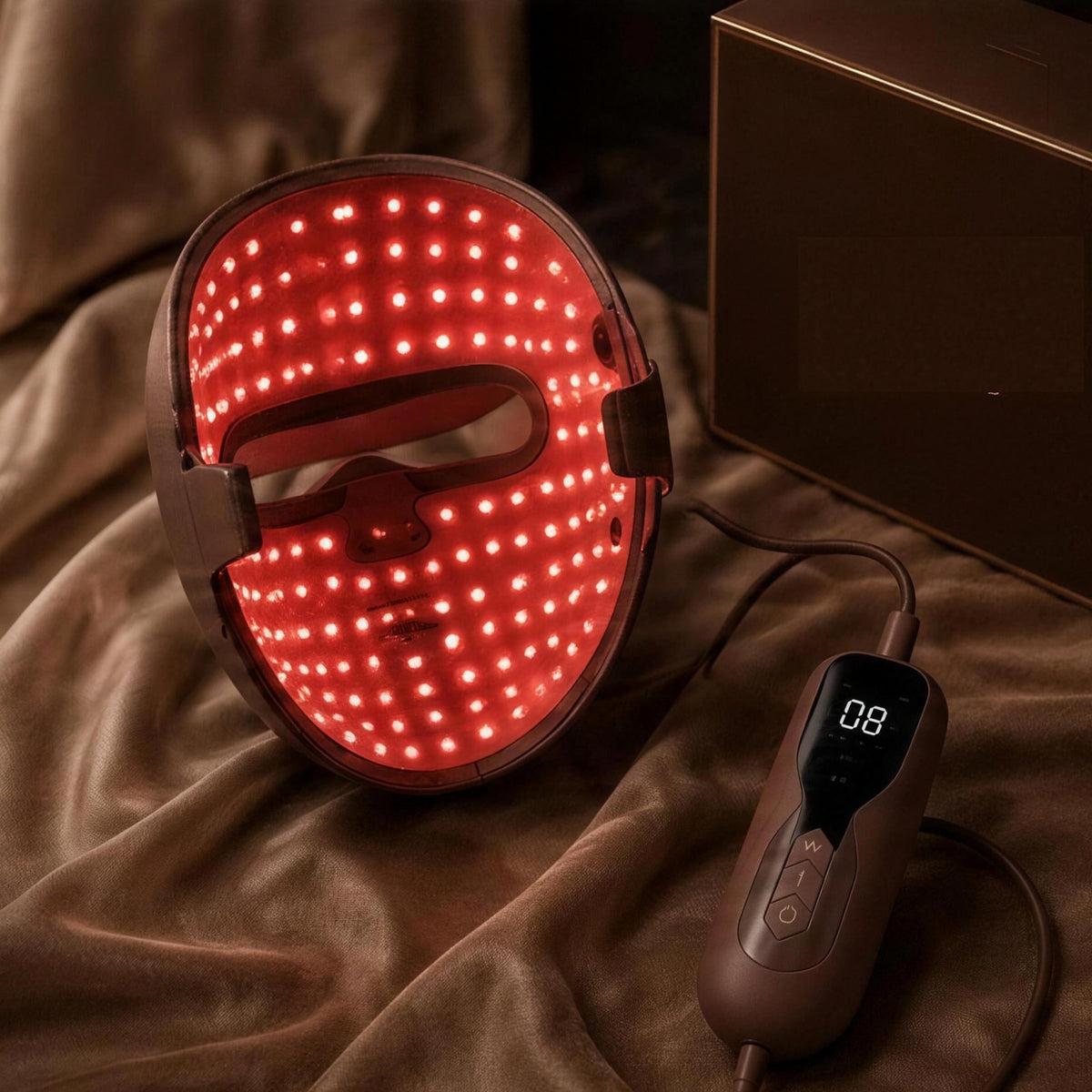 Luxéra LED mask lit in red beside its handheld controller